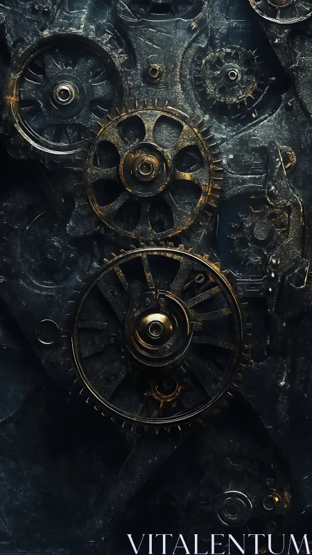 Oxidized mechanical geartrain under dramatic directional lighting.