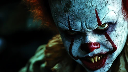 Sinister clown stares forward under eerie green shadows