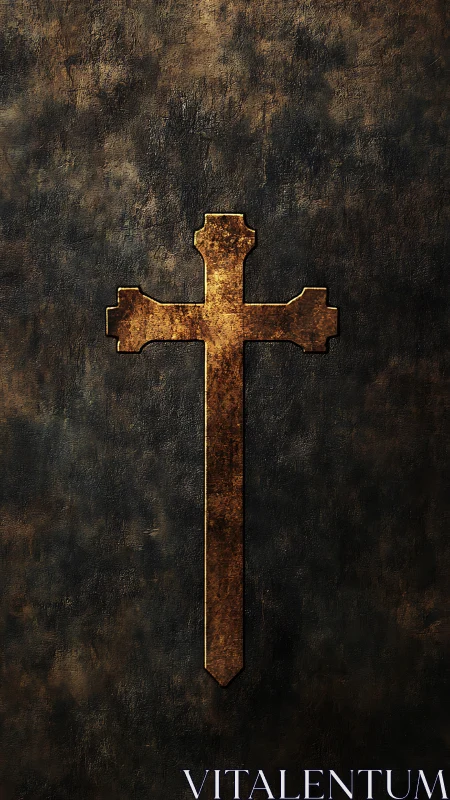 Weathered golden cross against a deep textured dusk wall.