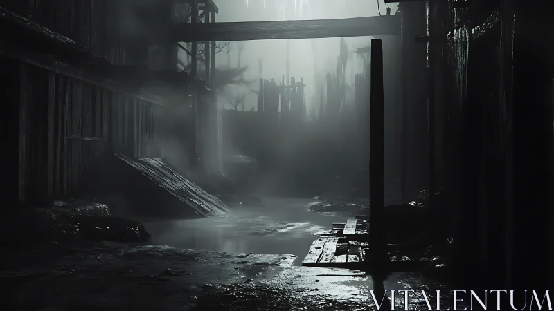 Foggy flooded alleyway between decayed wooden buildings
