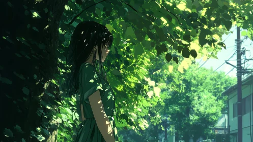 Girl in dappled forest light beside quiet suburban street.