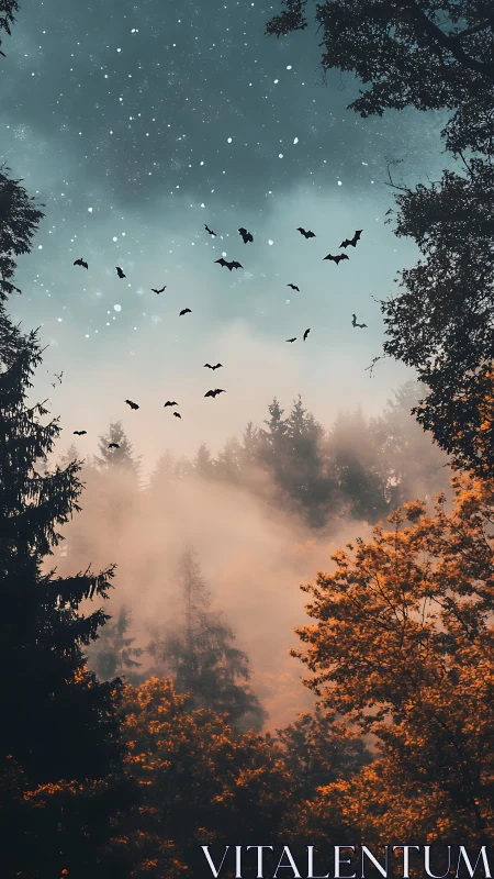 Nocturnal Forest Convergence: Starlit Sky and Autumn Foliage Over Misty Canopy.
