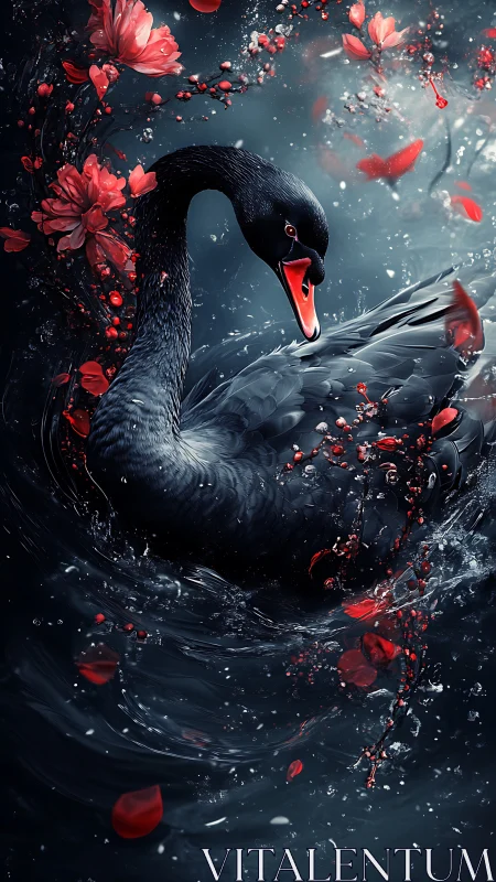 Black swan in dark water with red petals and blossoms.