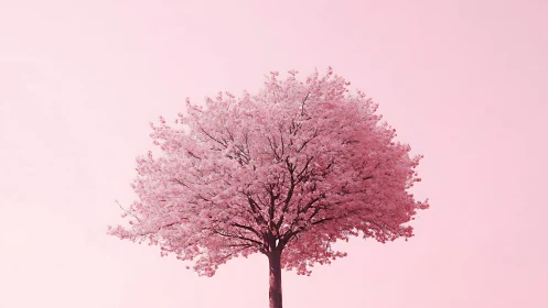 Pink cherry blossom tree against pastel minimal sky.