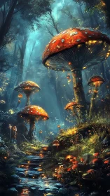Enchanted forest stream beneath towering luminous mushrooms.