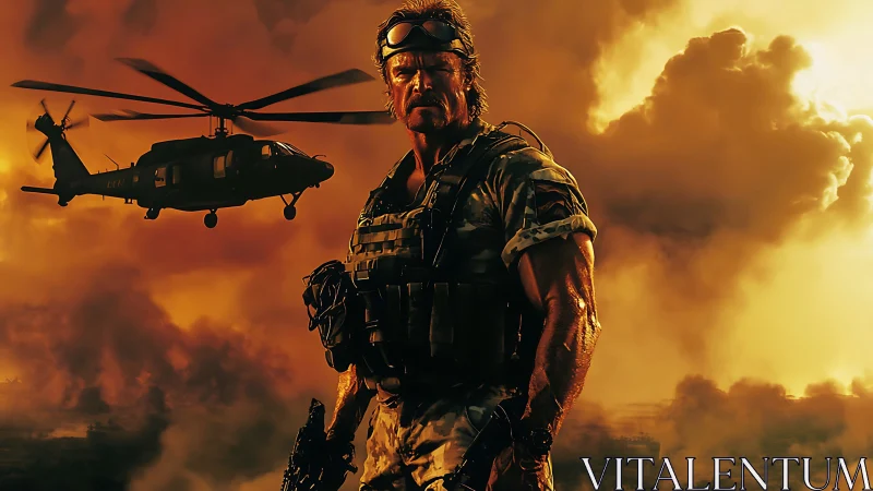 Militarized operator under apocalyptic rotary-wing skyfield.