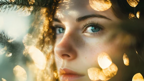 Close-up portrait with blue eyes and circular light bokeh.