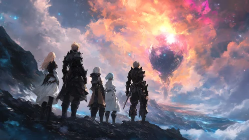 Adventurers watch a burning celestial world reshape the sky