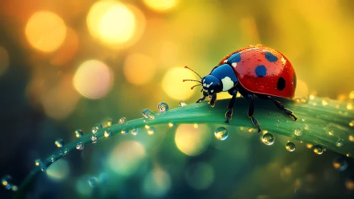 Ladybug strolls a jeweled leaf through sunrise bokeh glow
