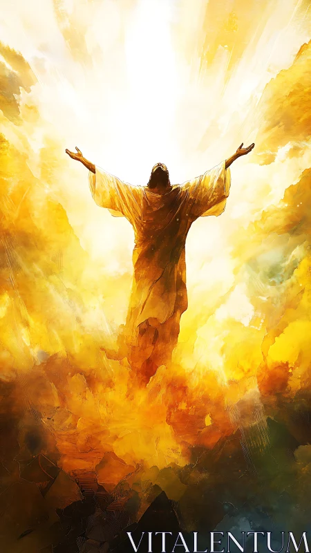Radiant robed figure ascends into blinding golden light.