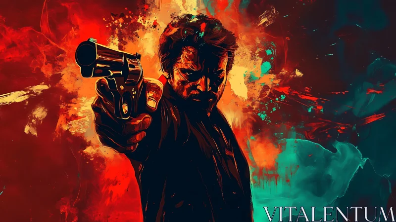 Gunman in bold red and teal abstract digital artwork.