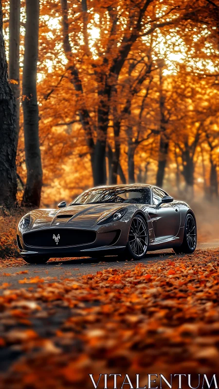 Sports coupe parked on forest road in autumn light.