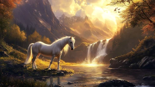 White horse at riverside waterfall in mountainous valley.