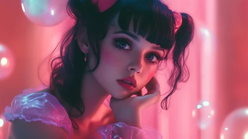 Soft neon portrait glows around a dreamy, curious girl