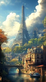 Eiffel lattice over canalized Parisian quarter, atmospheric rendering.