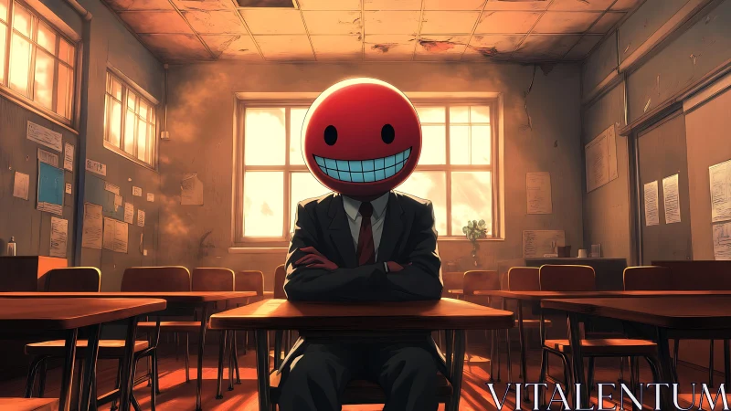 Grinning red sphere-headed figure in ruined classroom scene.