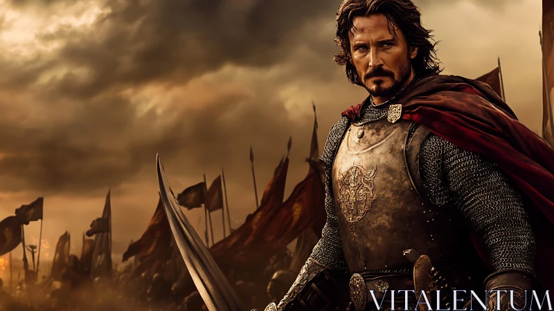 Battle-hardened medieval knight stands defiant before war