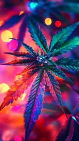 Cannabis leaf macro with multicolor bokeh lighting background.