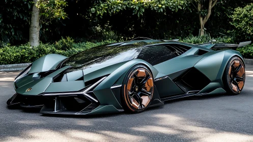 Low-slung matte green hypercar with copper aero wheels parked.