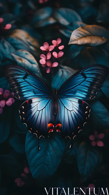 Iridescent blue butterfly on teal foliage with magenta blooms.