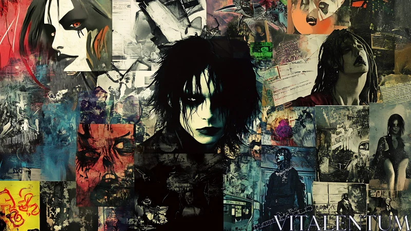 Gothic punk collage with fragmented portraits and neon textures.