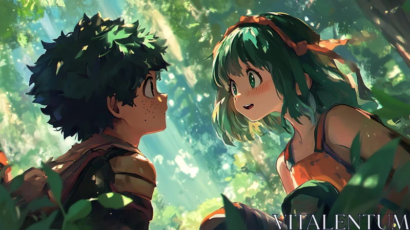 Anime forest vignette with backlit characters in dappled light.