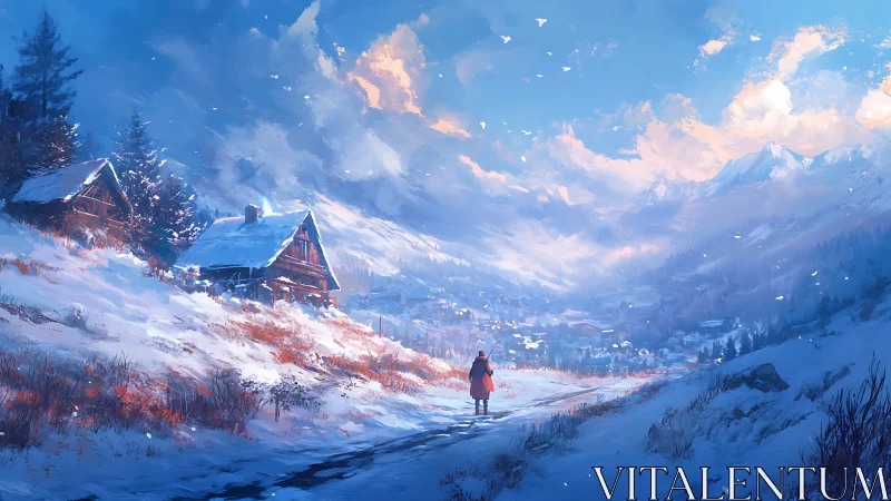 Solitary figure crossing bright winter mountain valley.