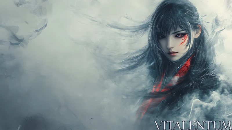 Mysterious warrior draped in mist gazes with quiet fire