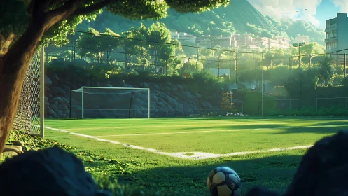 Sunlit urban football field below forested hillside at dawn.