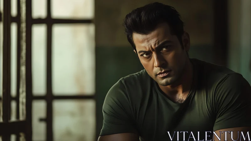 Brooding resolve sharpens under moody warehouse light