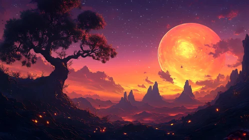 Radiant alien sunset illuminates twisted tree and jagged spires