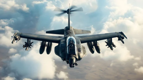 Armed military attack aircraft flying above soft clouds.