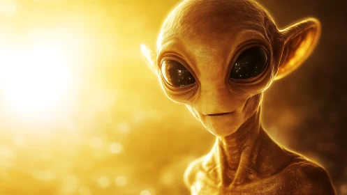 Gentle golden alien gazes into warm, radiant starlight