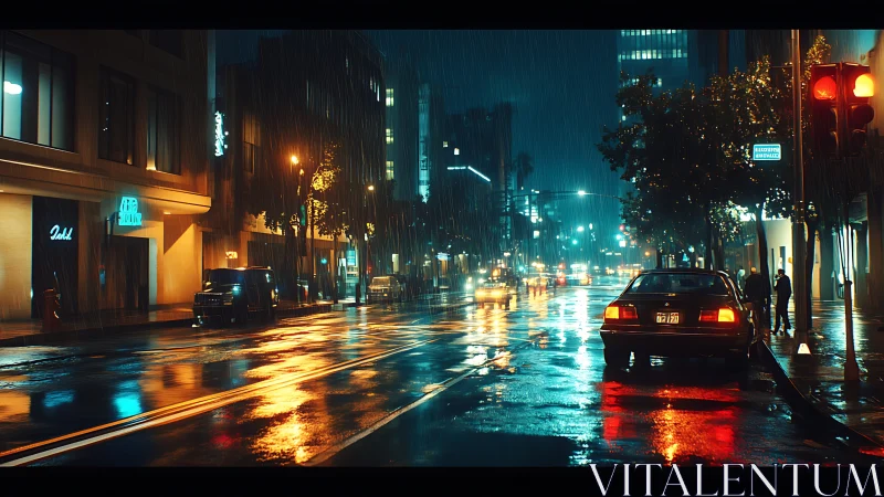 Nighttime city street shows wet asphalt under heavy rain