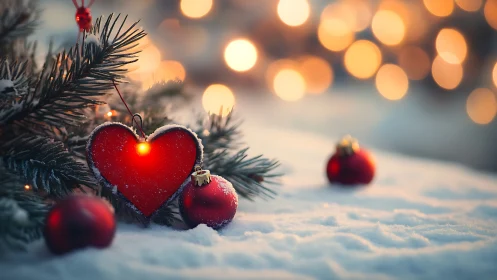 Heart ornament and baubles on snow with defocused lights.