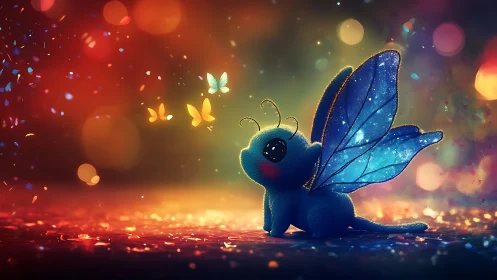 Bioluminescent plush moth with galaxy wings in bokeh field