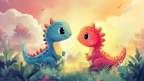 Cute blue and red baby dinosaurs in soft sunset field.