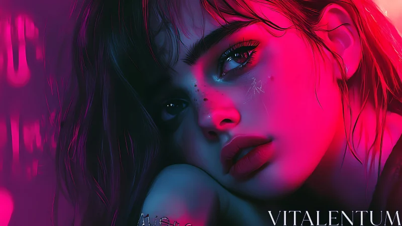 Neon-lit wistful portrait in cinematic magenta and cyan glow.