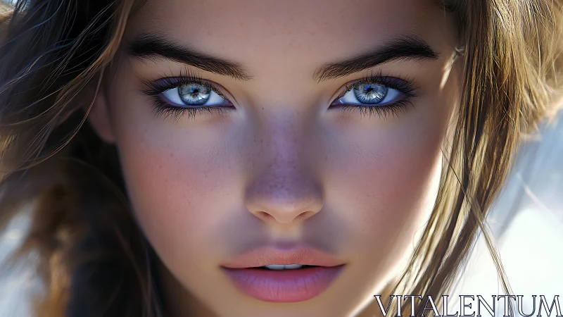 Digitally rendered close-up portrait with blue eyes focus.