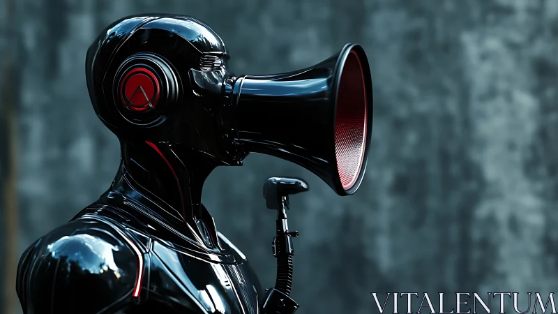 Glossy black megaphone-headed android depicts amplified vocal output