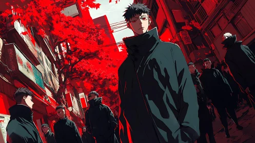 Urban anime figures under red trees in narrow alleyway.