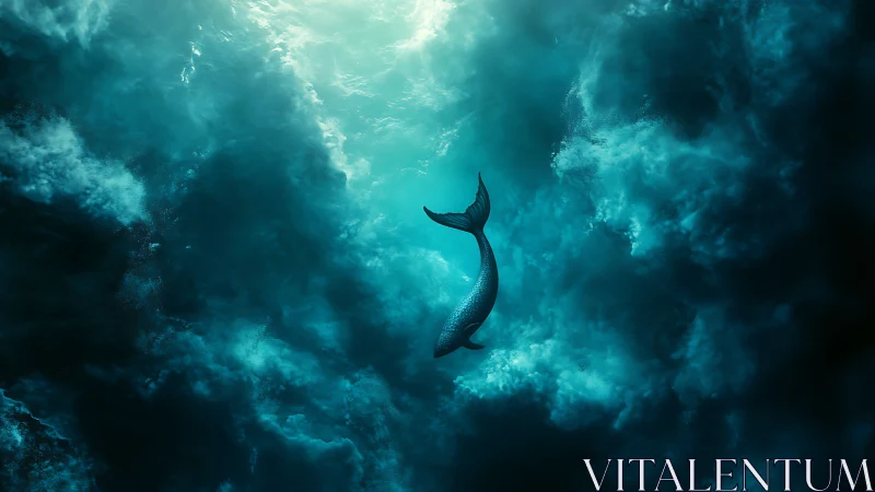 Solitary mermaid tail curls toward a stormlit ocean ceiling