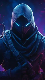 Hooded futuristic soldier grips weapon in neon lighting
