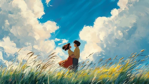 Anime couple embracing in sunlit meadow under clouds.