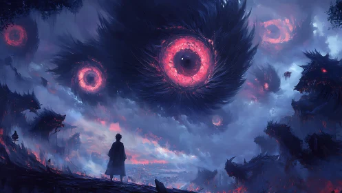 Stormbound watcher beneath vast cosmic demon eyes.