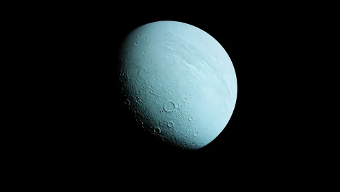 Icy blue cratered moon illuminated against deep black space.