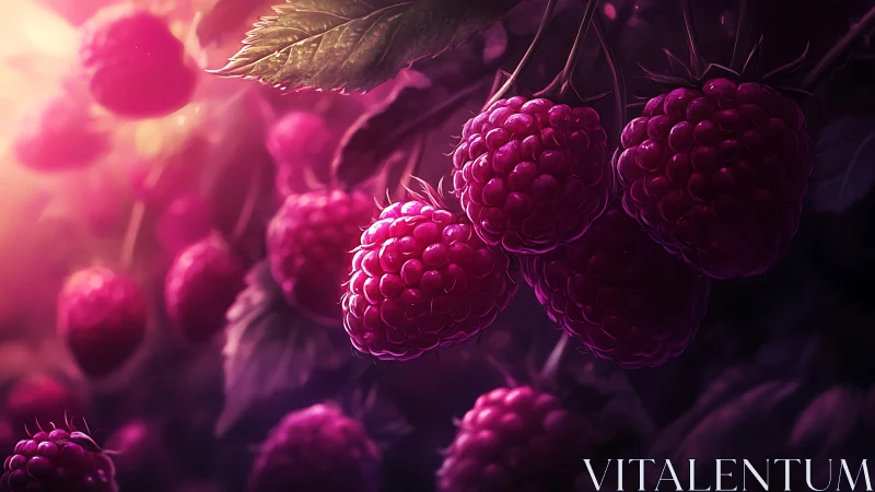 Cluster of ripe raspberries on branch in soft diffuse light.