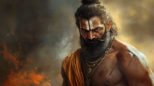 Warrior monk with intense gaze amid swirling embers.