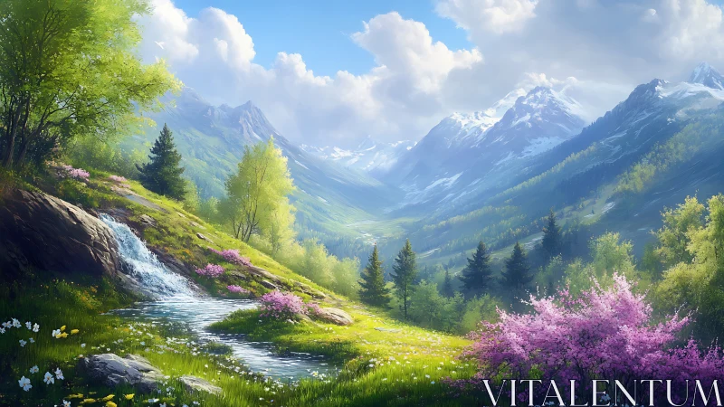 Mountain valley landscape shows stream, flowers, distant peaks