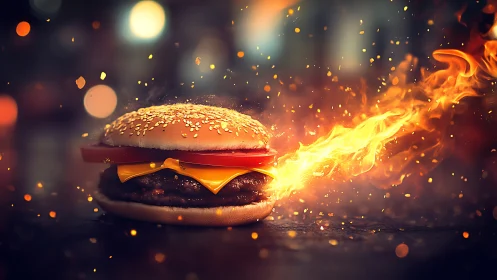Flames Meet Fast Food: A Burger's Fiery Moment.